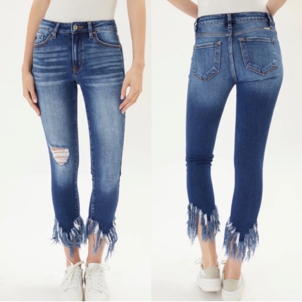 Kancan Audrina Distressed Skinny Mid-Rise Frayed Hem Ankle Jeans 7/27 Finge